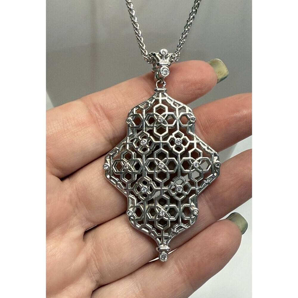 Kendra Scott Filigree Necklace Silver Tone Pendent Flat Adjustable Sliding Clasp - Picture 4 of 7